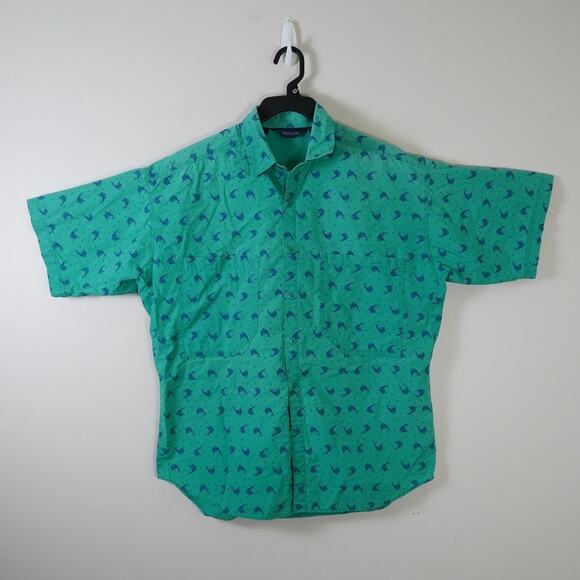 Vintage Columbia teal green fish pattern casual button up shirt mens Medium - Picture 1 of 6